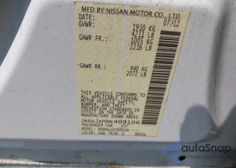 2013 Nissan Altima 2.5 Sv z USA, uszkodzony, nr VIN 1N4AL3AP0DN409106